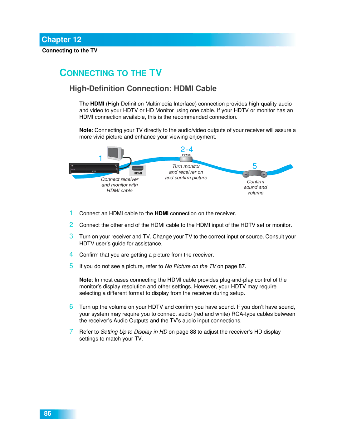 Dish Network 612 important safety instructions Connecting to the TV, High-Definition Connection Hdmi Cable 