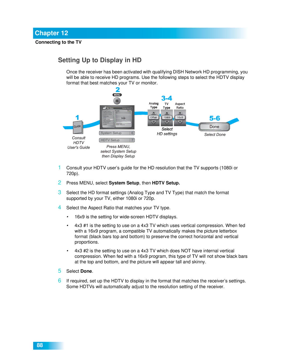 Dish Network 612 important safety instructions Setting Up to Display in HD 