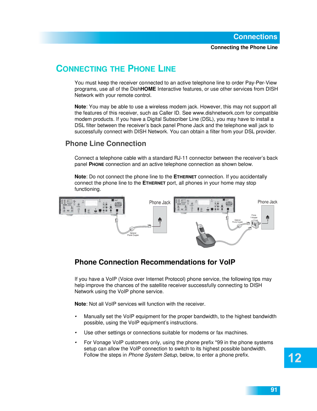 Dish Network 612 important safety instructions Phone Line Connection, Connecting the Phone Line 