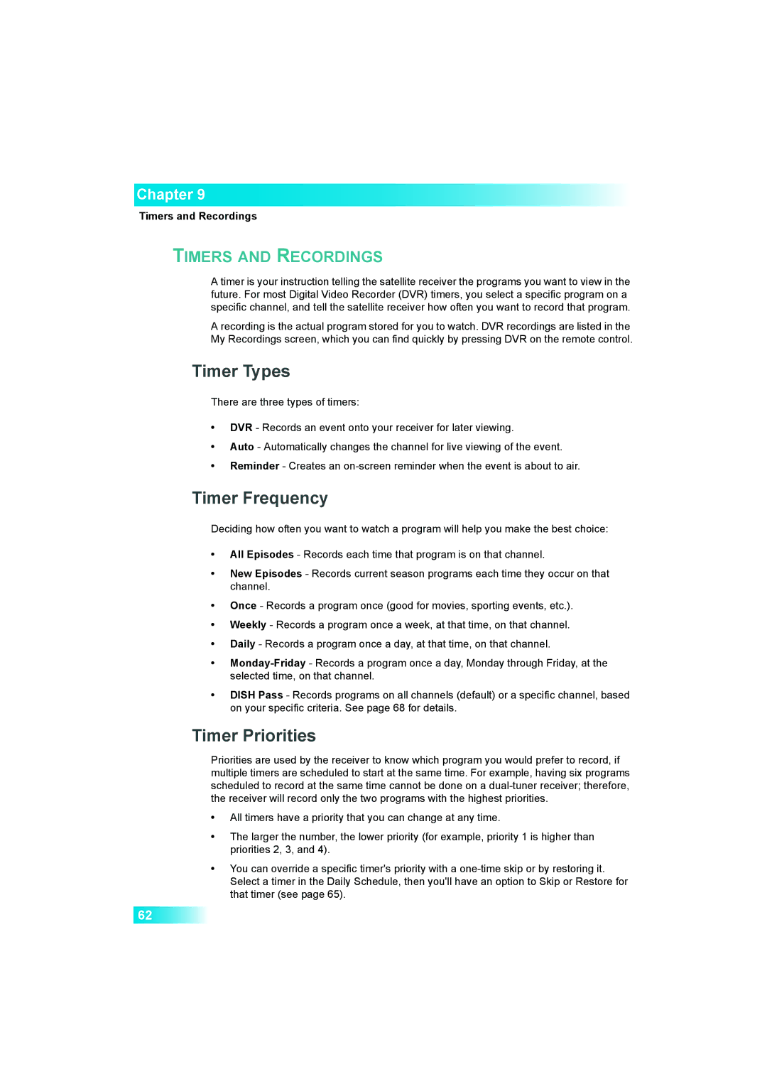 Dish Network 622 manual Timer Types, Timer Frequency, Timer Priorities, Timers and Recordings 