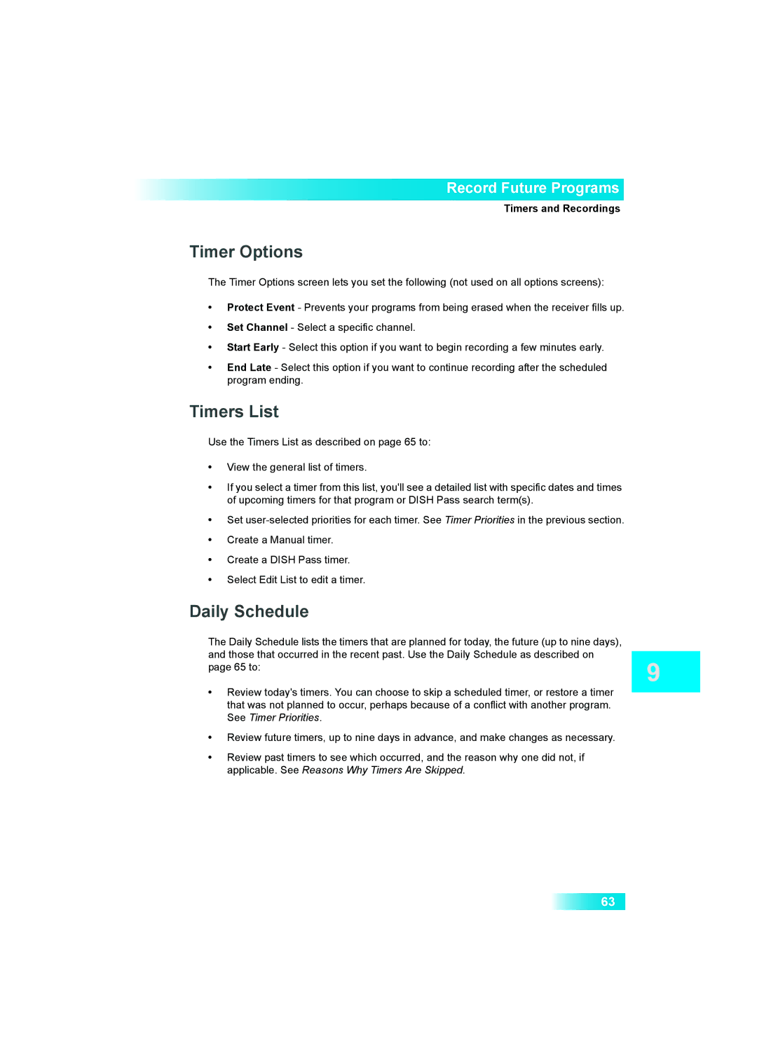 Dish Network 622 manual Timer Options, Timers List, Daily Schedule 