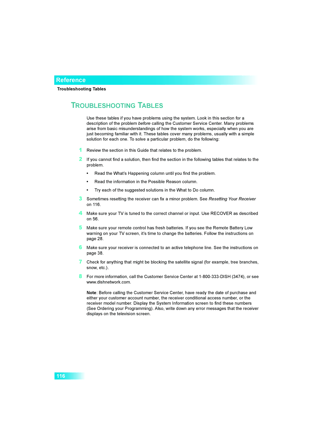 Dish Network 622 manual Reference, Troubleshooting Tables 