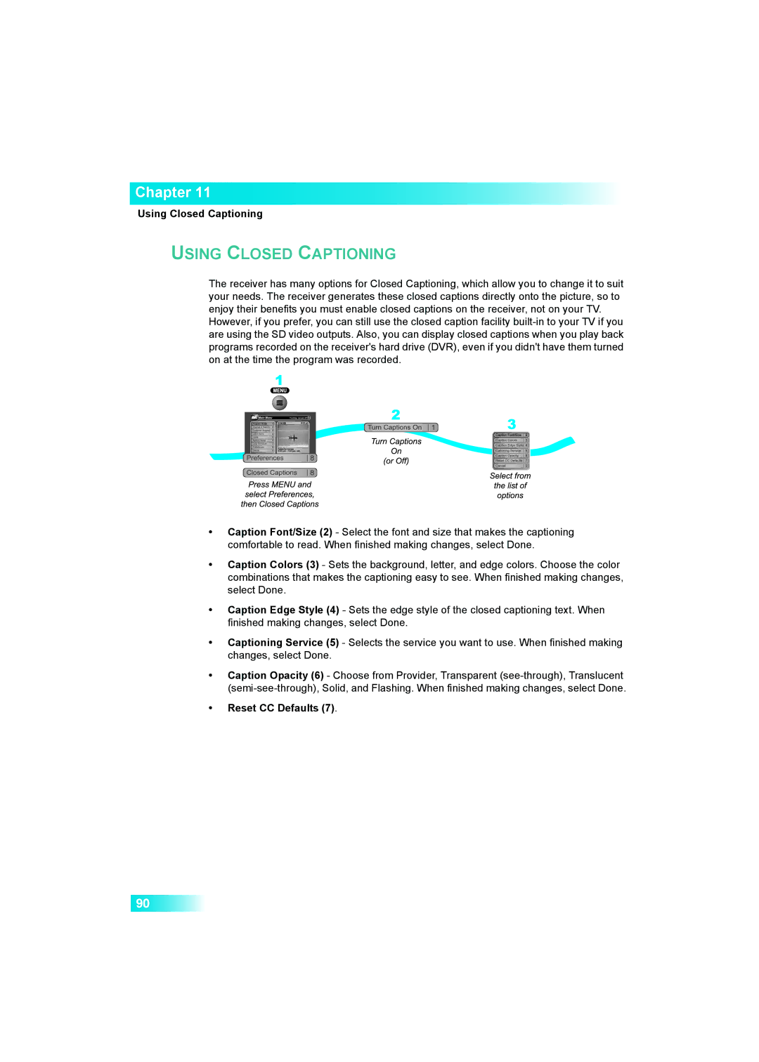 Dish Network 622 manual Using Closed Captioning, Reset CC Defaults 