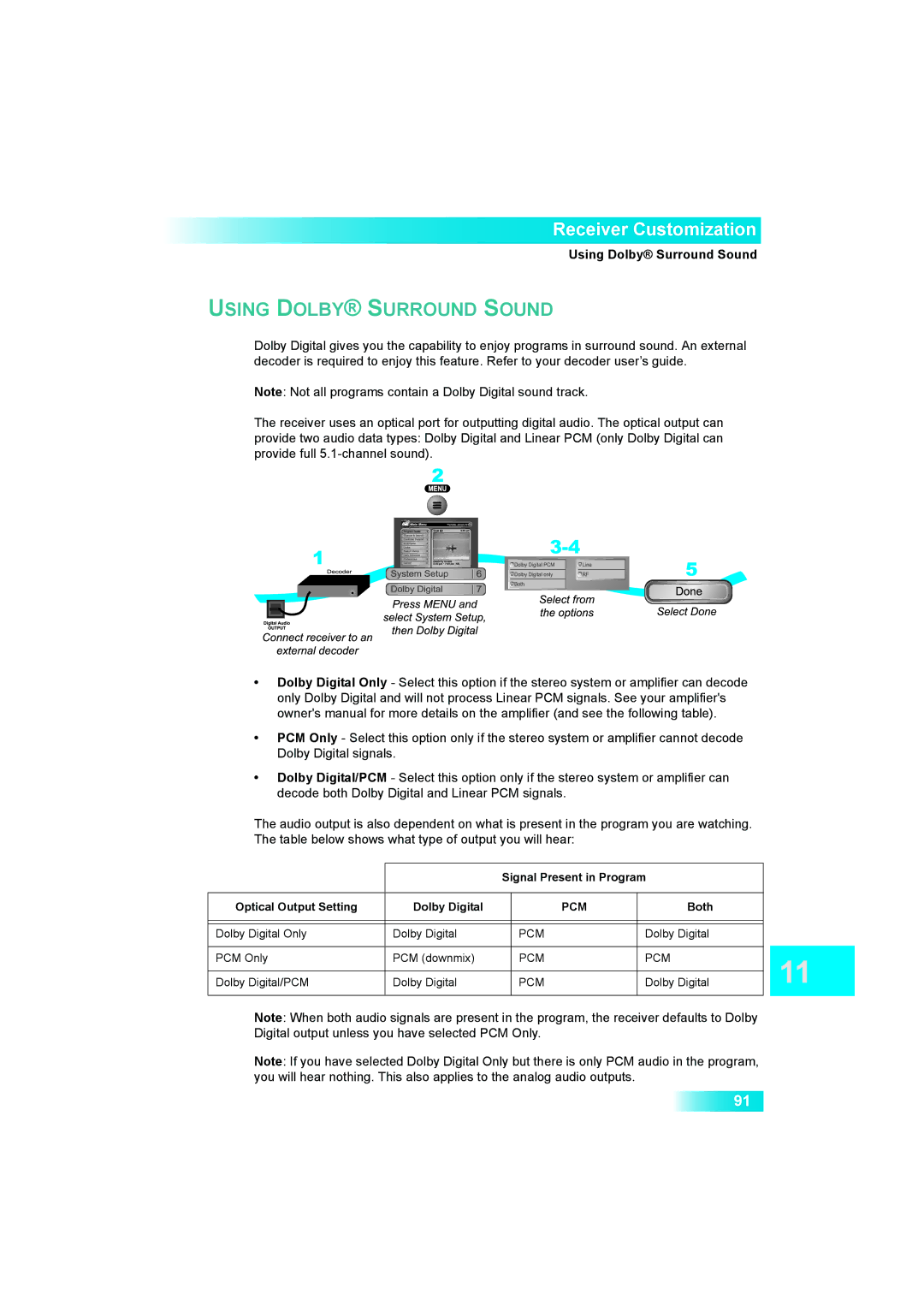 Dish Network 622 manual Using Dolby Surround Sound, Pcm 