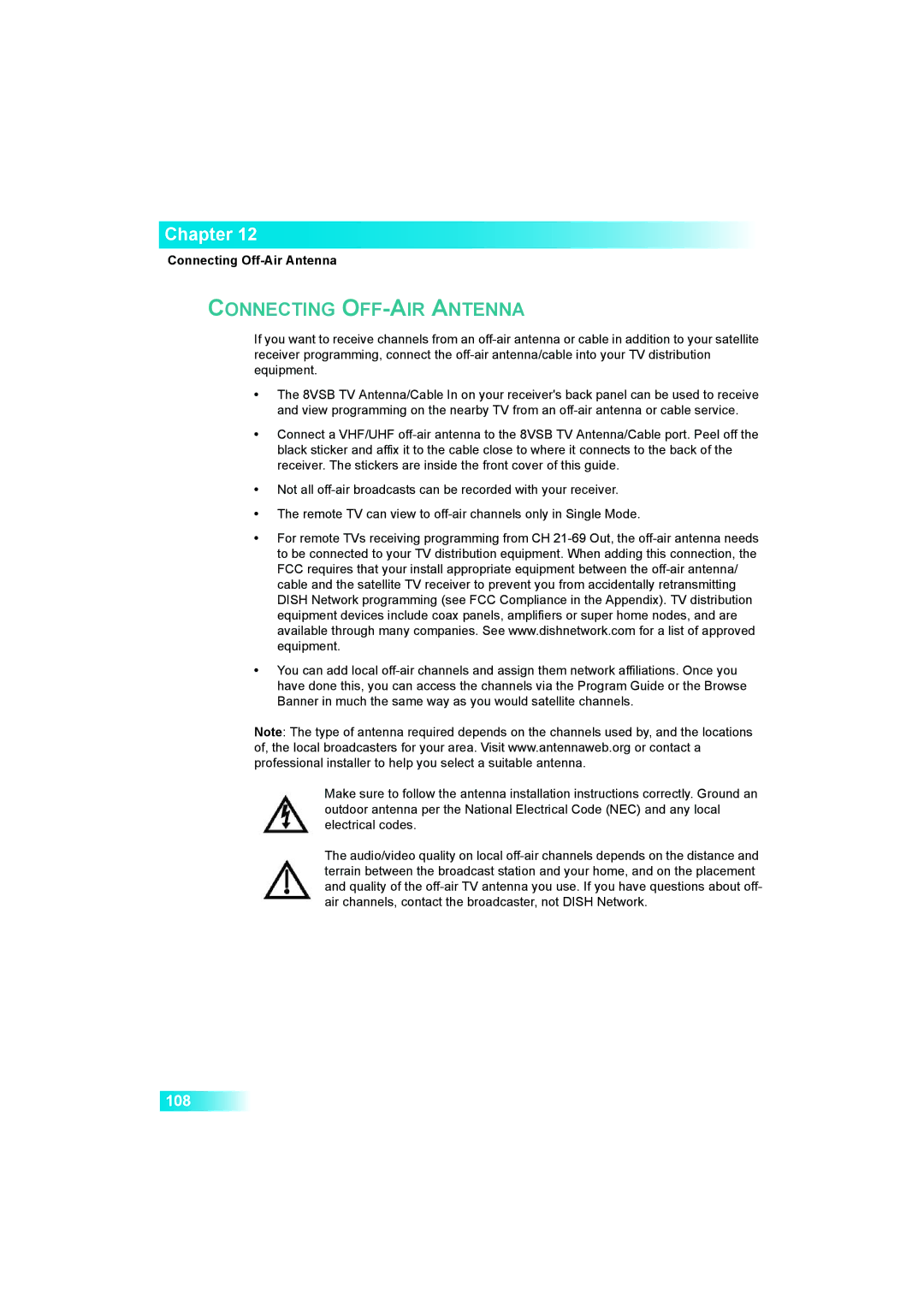 Dish Network 622 manual Connecting OFF-AIR Antenna, Connecting Off-Air Antenna 