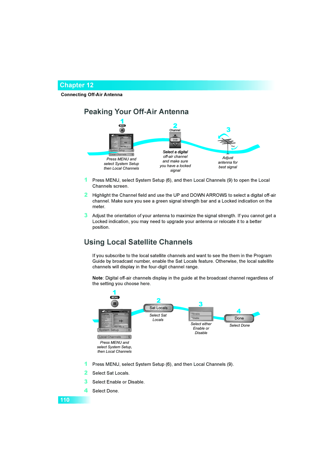 Dish Network 622 manual Peaking Your Off-Air Antenna, Using Local Satellite Channels 