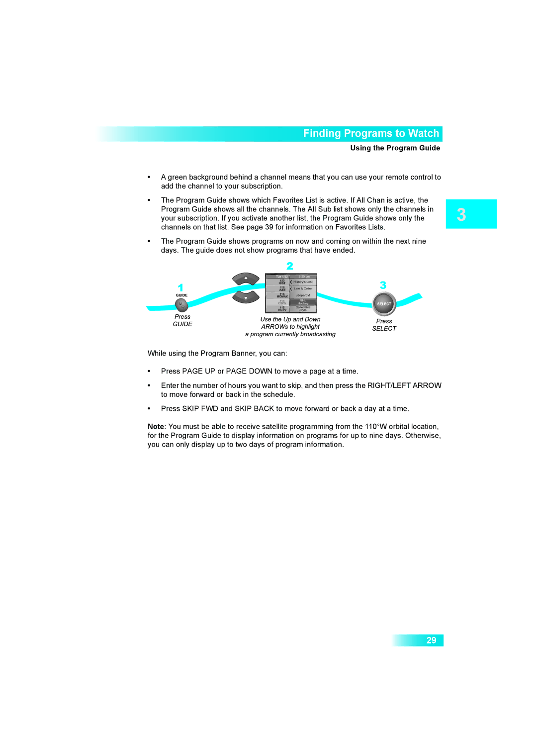 Dish Network 622 manual Finding Programs to Watch, Using the Program Guide 