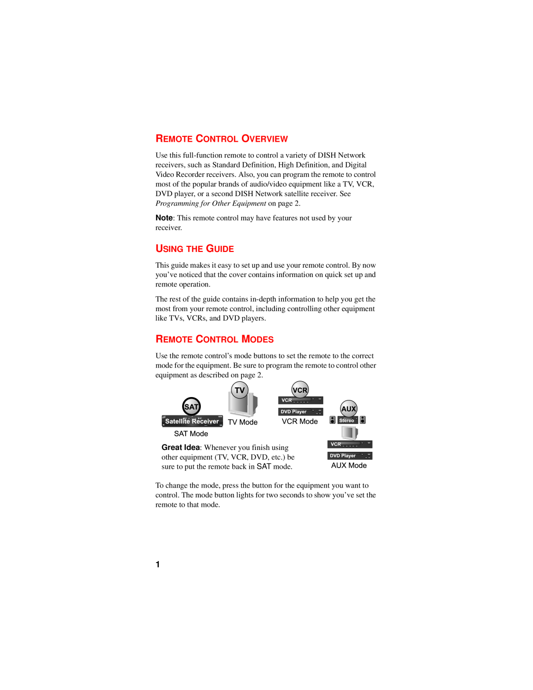 Dish Network 6.3 manual Remote Control Overview, Using The Guide, Remote Control Modes 