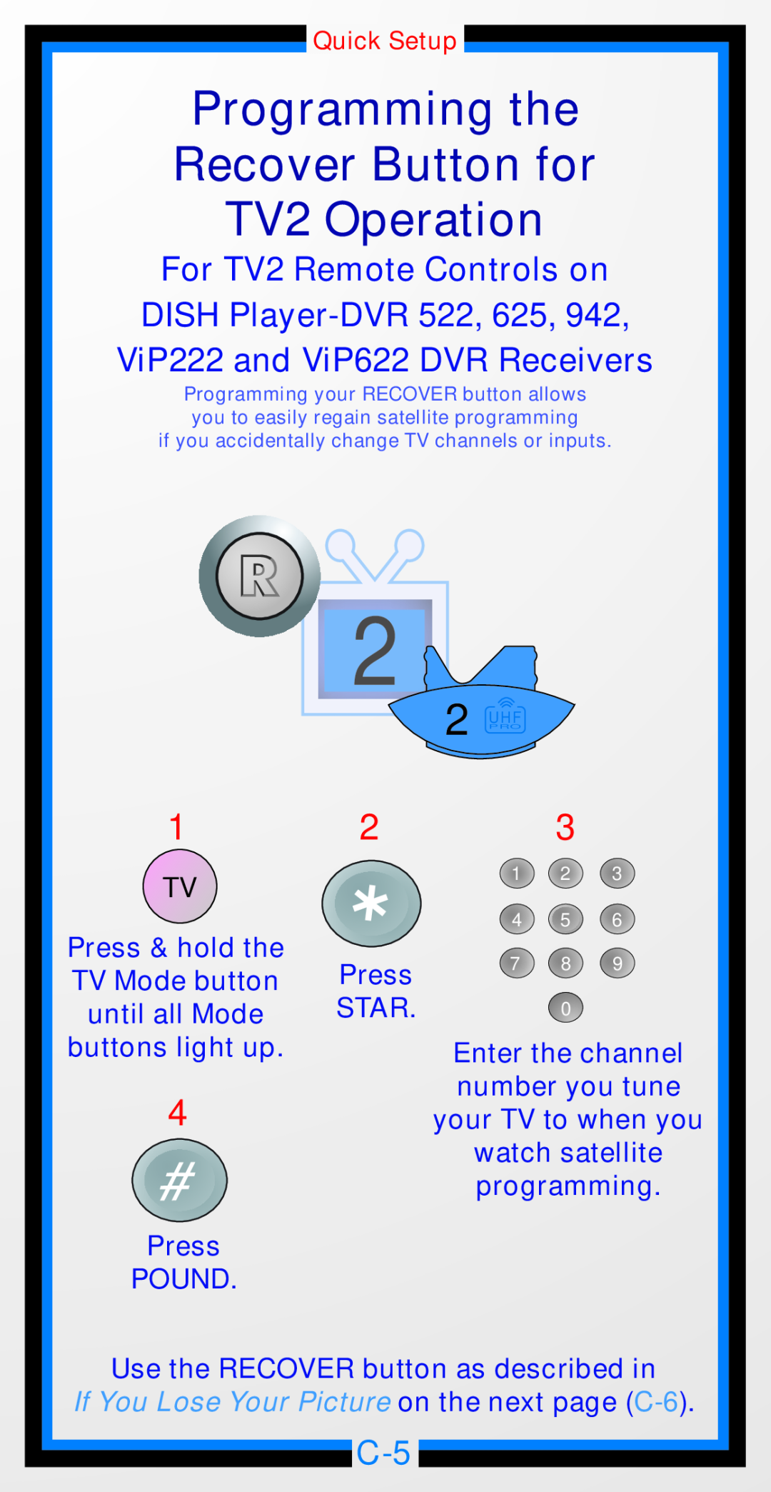 Dish Network 6.3 Programming the Recover Button for TV2 Operation, If You Lose Your Picture on the next page C-6, 2 UHF 