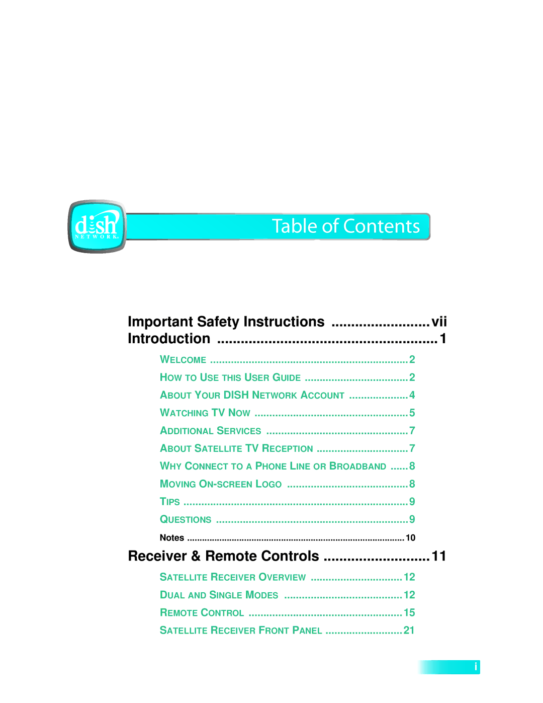 Dish Network 722k important safety instructions Table of Contents 