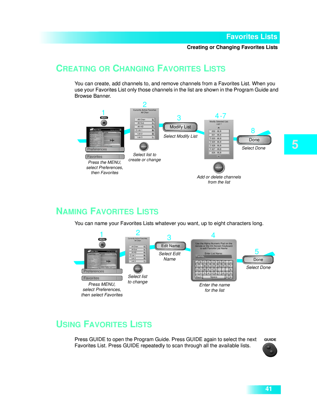 Dish Network 722k important safety instructions Creating or Changing Favorites Lists, Edit Name 