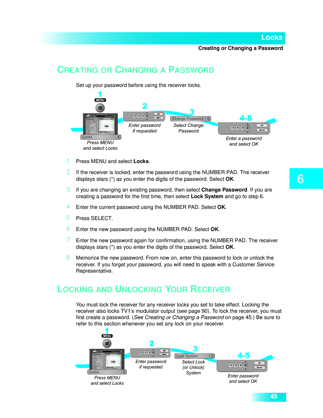 Dish Network 722k important safety instructions Locking and Unlocking Your Receiver 