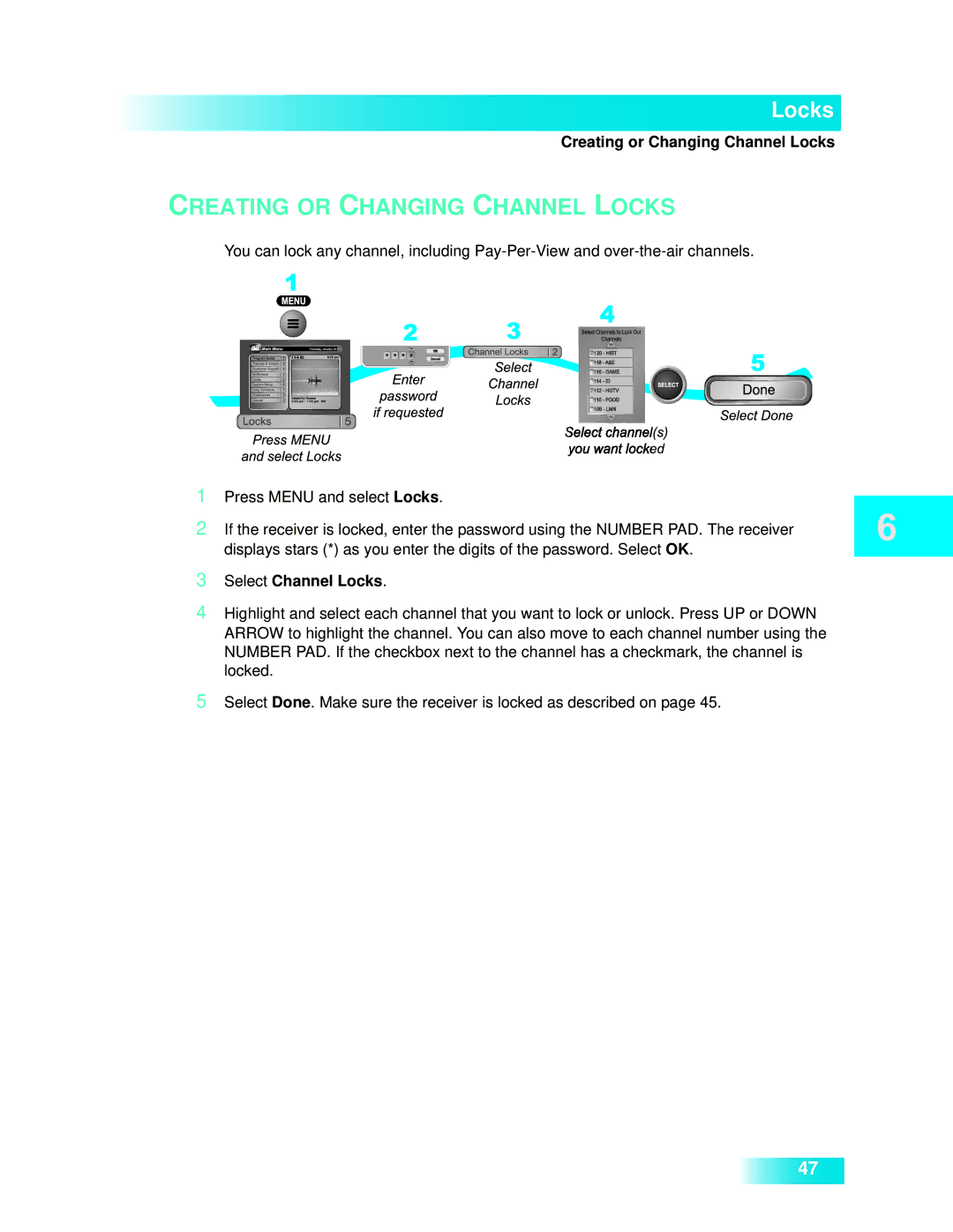 Dish Network 722k important safety instructions Creating or Changing Channel Locks, Select Channel Locks 