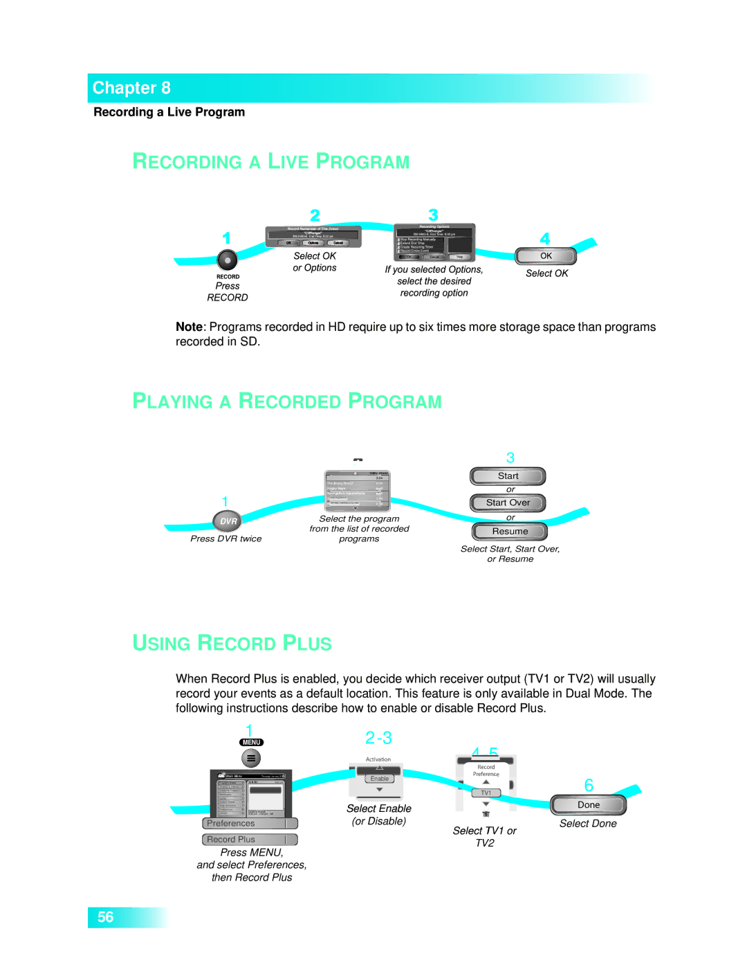 Dish Network 722k important safety instructions Recording a Live Program Playing a Recorded Program, Using Record Plus 