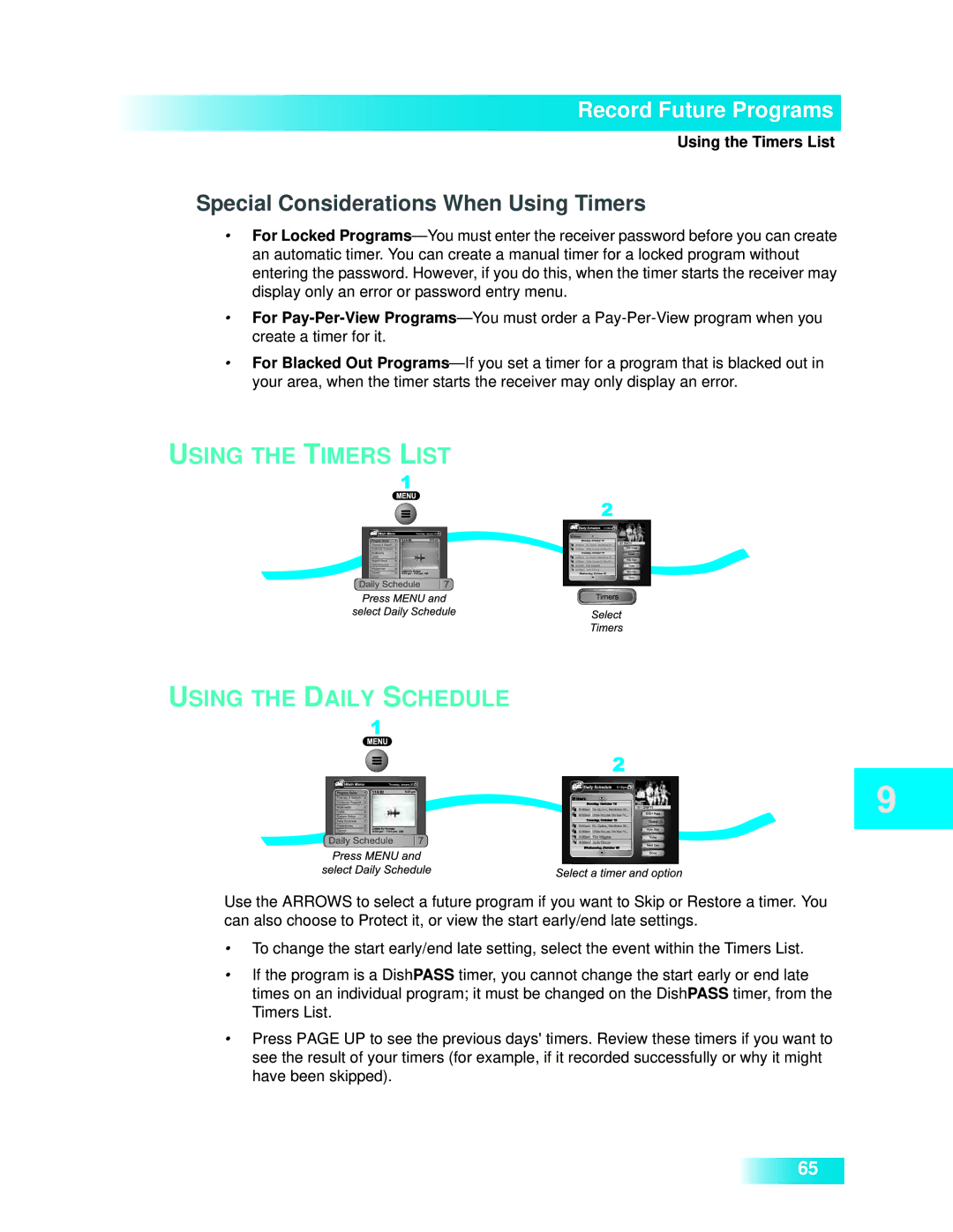 Dish Network 722k Special Considerations When Using Timers, Using the Timers List Using the Daily Schedule 