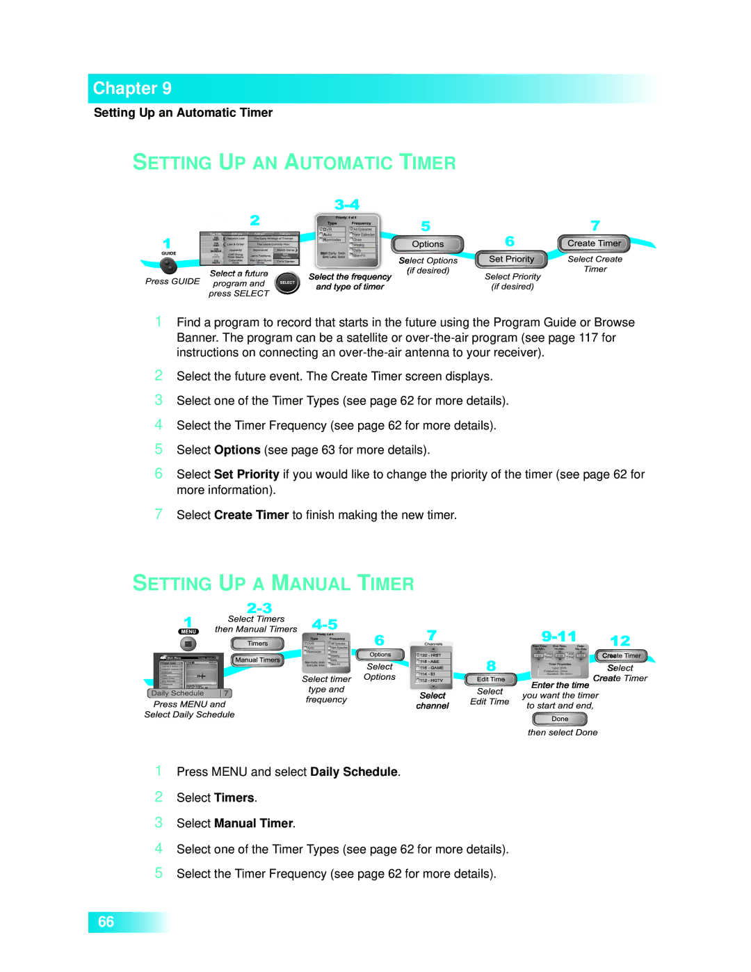 Dish Network 722k important safety instructions Setting Up an Automatic Timer, Select Manual Timer 