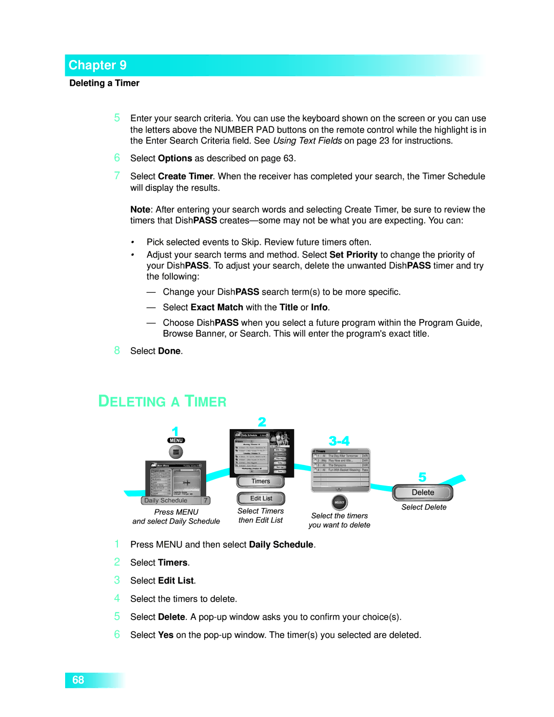 Dish Network 722k Deleting a Timer, Select Exact Match with the Title or Info, Select Edit List 