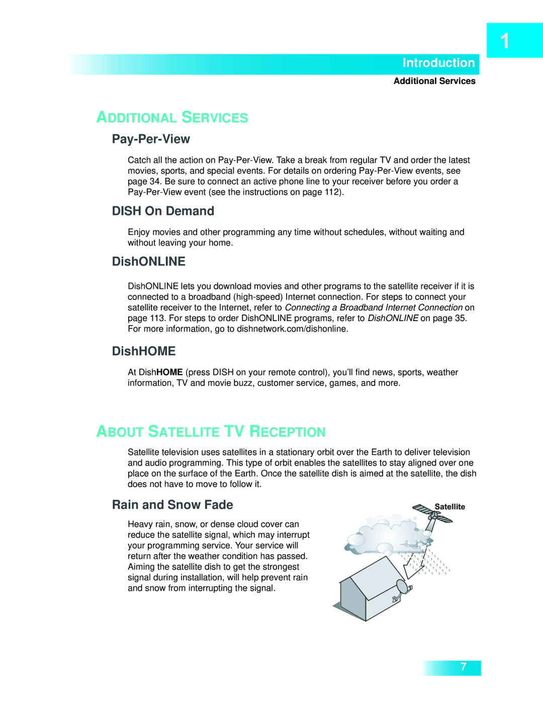 Dish Network 722k Pay-Per-View, Dish On Demand, DishONLINE DishHOME, Rain and Snow Fade, Additional Services 