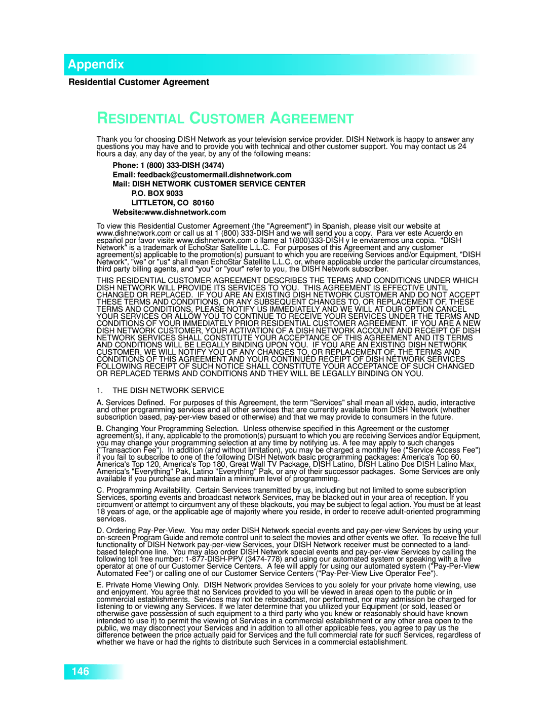 Dish Network 722k important safety instructions Residential Customer Agreement, Littleton, Co 