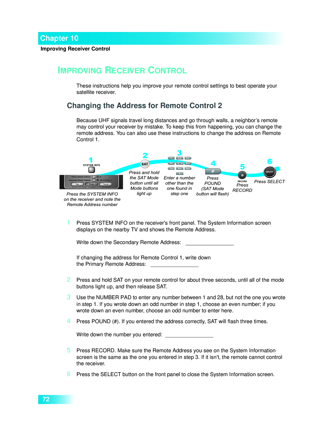 Dish Network 722k important safety instructions Improving Receiver Control, Changing the Address for Remote Control 