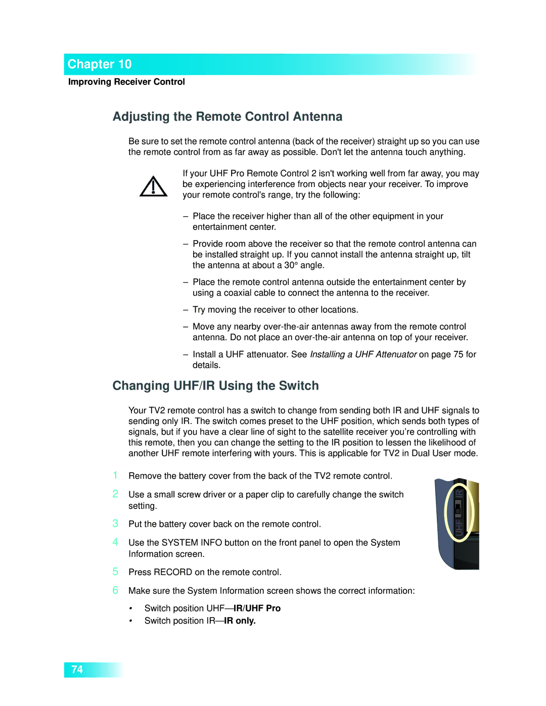 Dish Network 722k important safety instructions Adjusting the Remote Control Antenna 