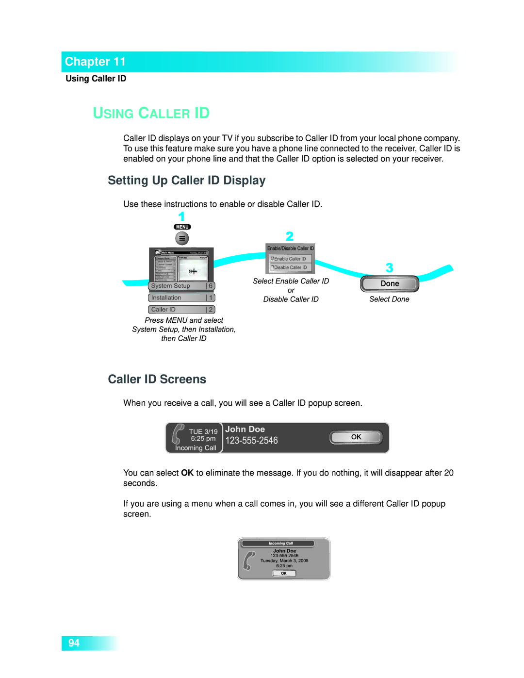 Dish Network 722k important safety instructions Setting Up Caller ID Display, Caller ID Screens, Using Caller ID 