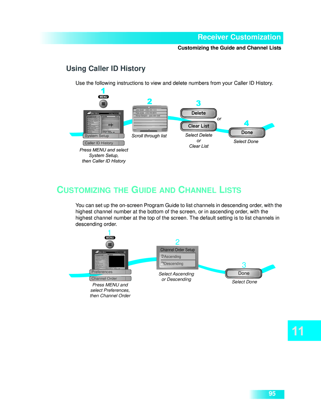 Dish Network 722k important safety instructions Using Caller ID History, Customizing the Guide and Channel Lists 