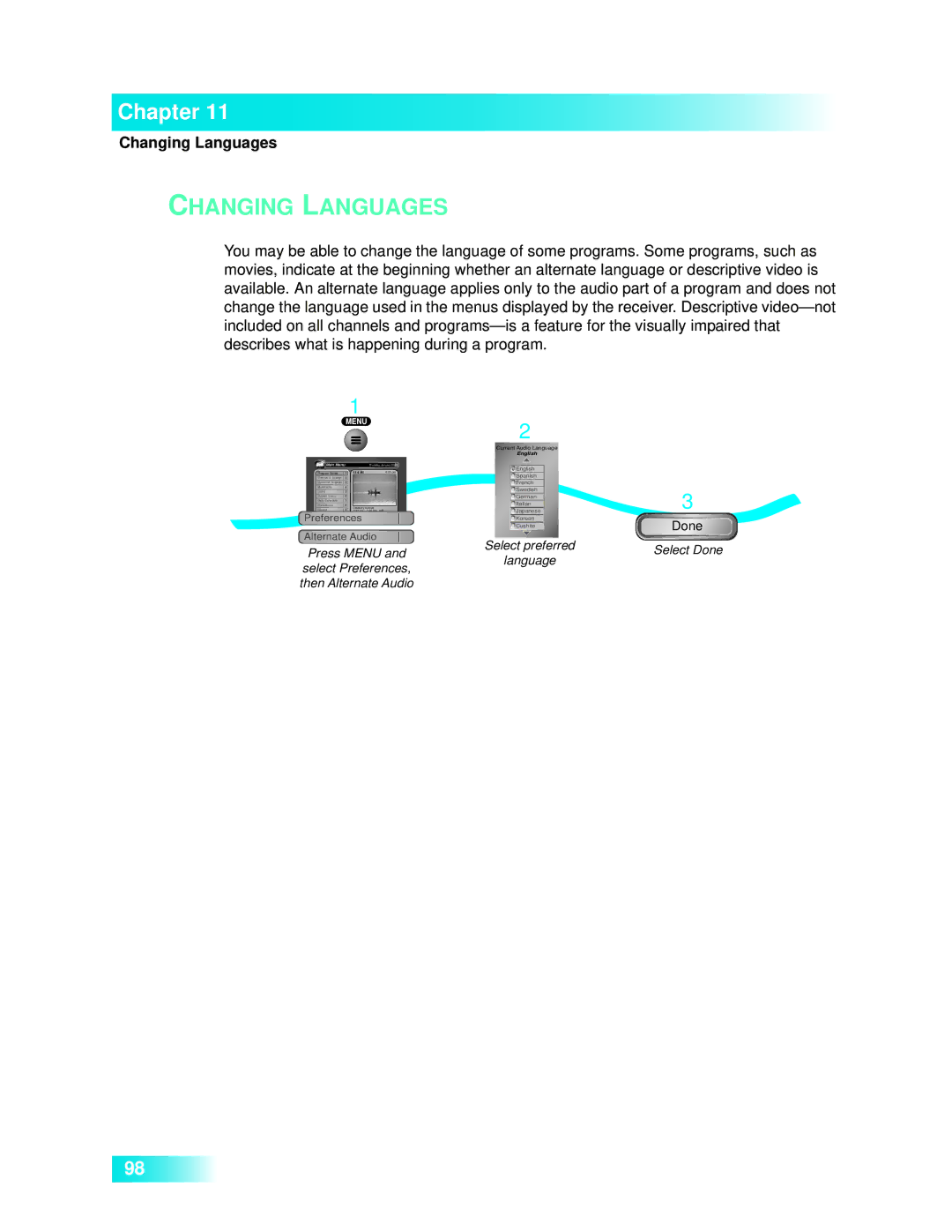 Dish Network 722k important safety instructions Changing Languages, English 