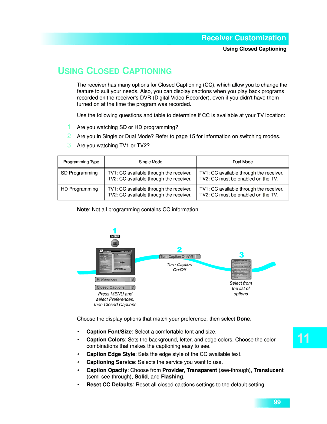 Dish Network 722k important safety instructions Using Closed Captioning, Programming Type Single Mode Dual Mode 