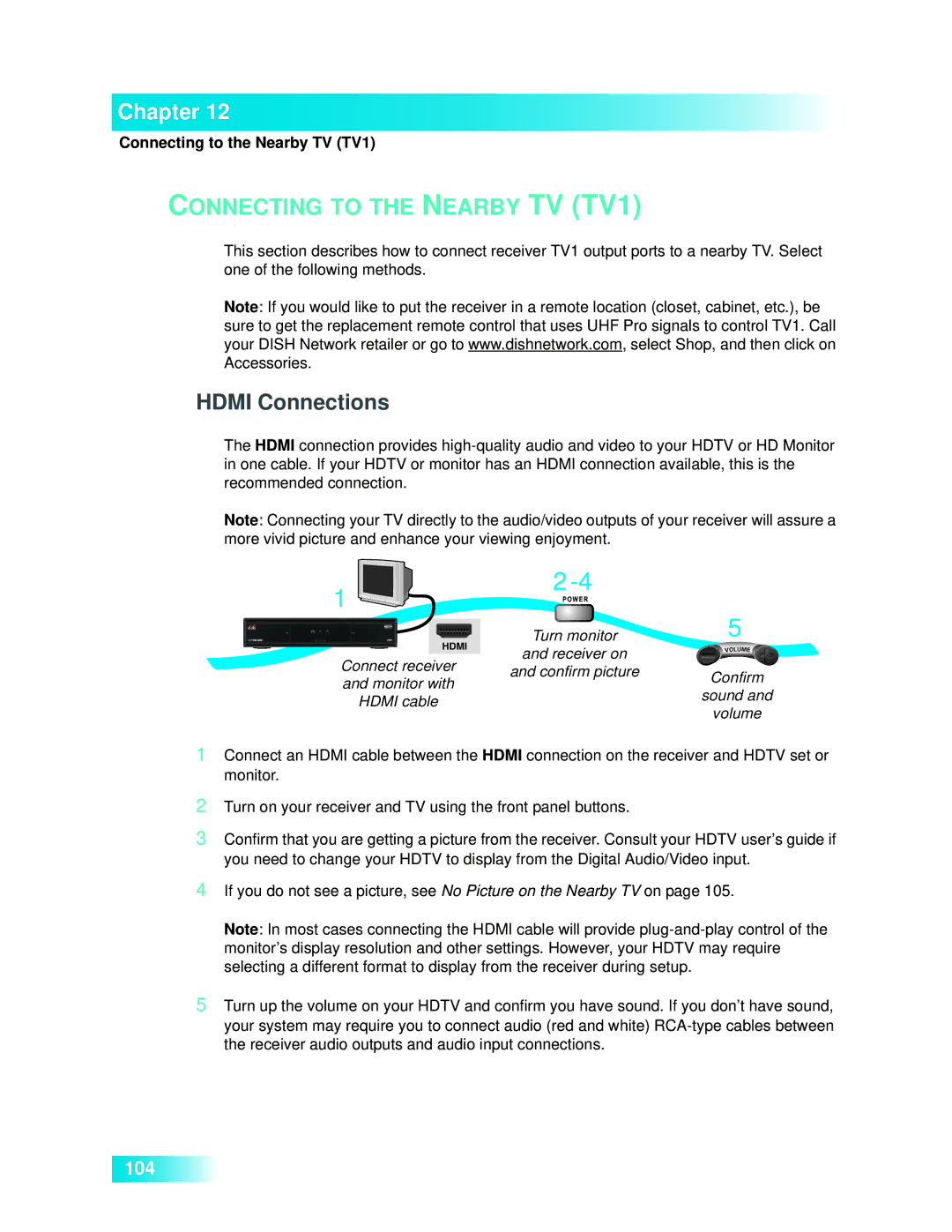 Dish Network 722k important safety instructions Connecting to the Nearby TV TV1, Hdmi Connections 