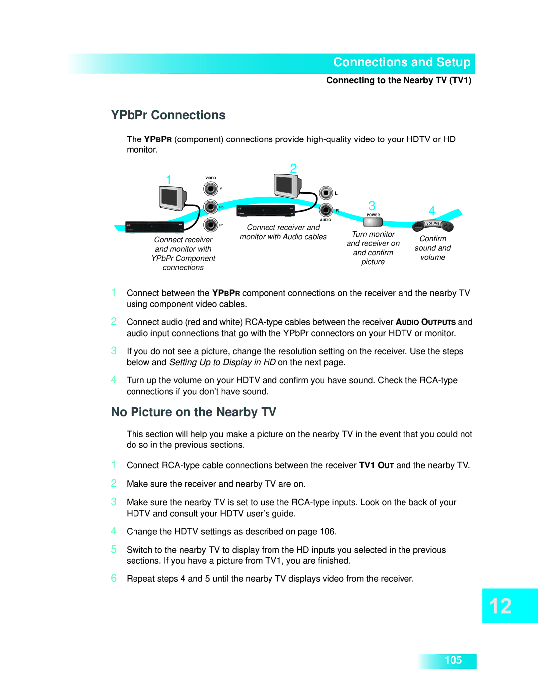 Dish Network 722k important safety instructions Connections and Setup, YPbPr Connections 