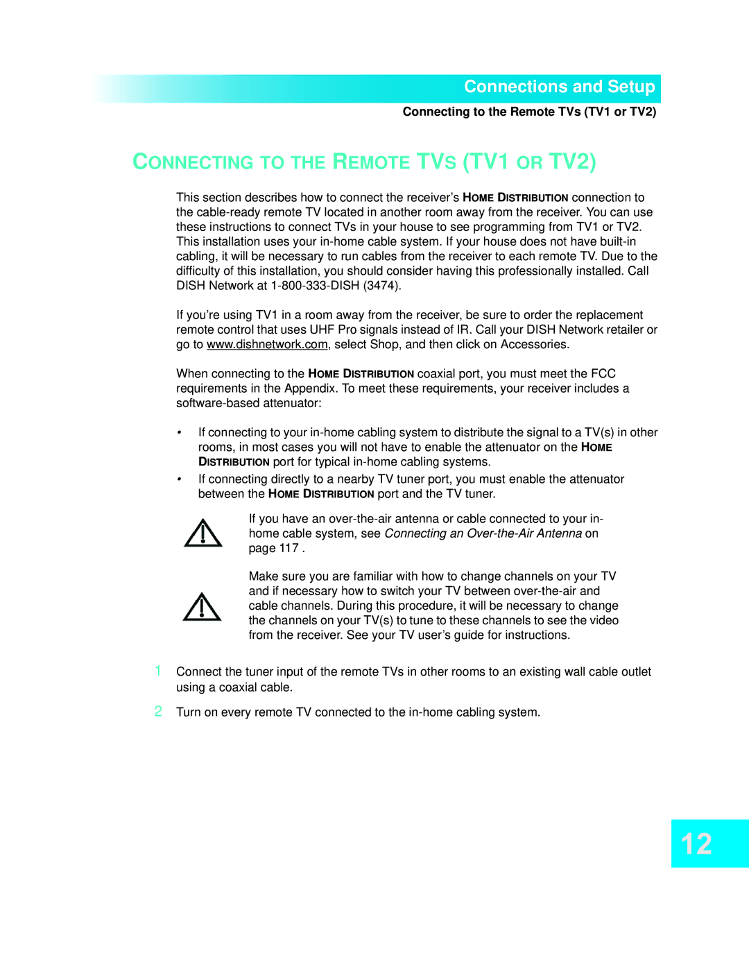 Dish Network 722k Connecting to the Remote TVS TV1 or TV2, Connecting to the Remote TVs TV1 or TV2 