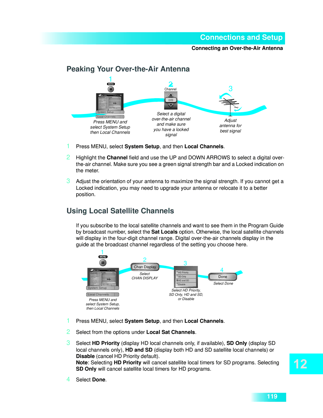 Dish Network 722k important safety instructions Peaking Your Over-the-Air Antenna, Using Local Satellite Channels 