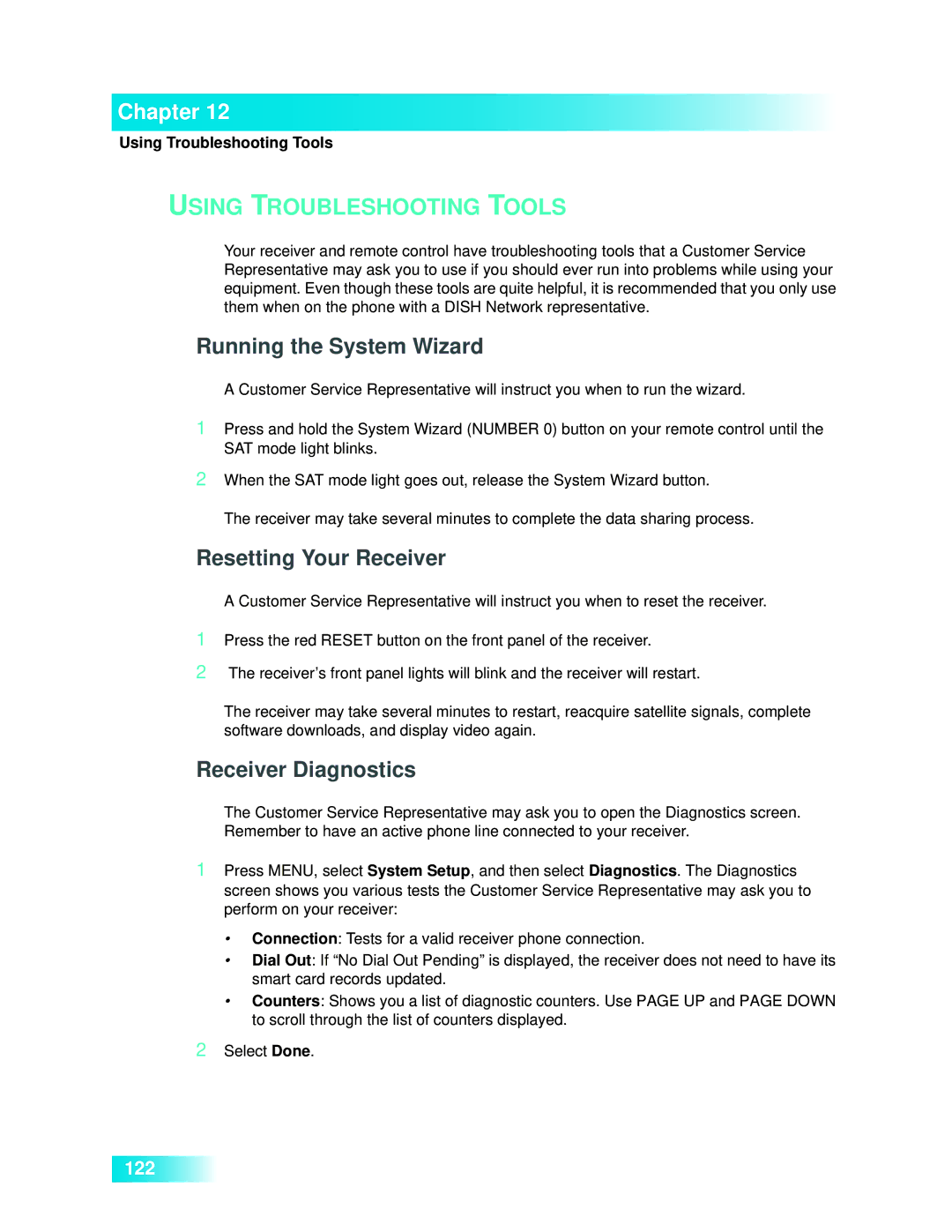 Dish Network 722k Running the System Wizard, Resetting Your Receiver, Receiver Diagnostics, Using Troubleshooting Tools 