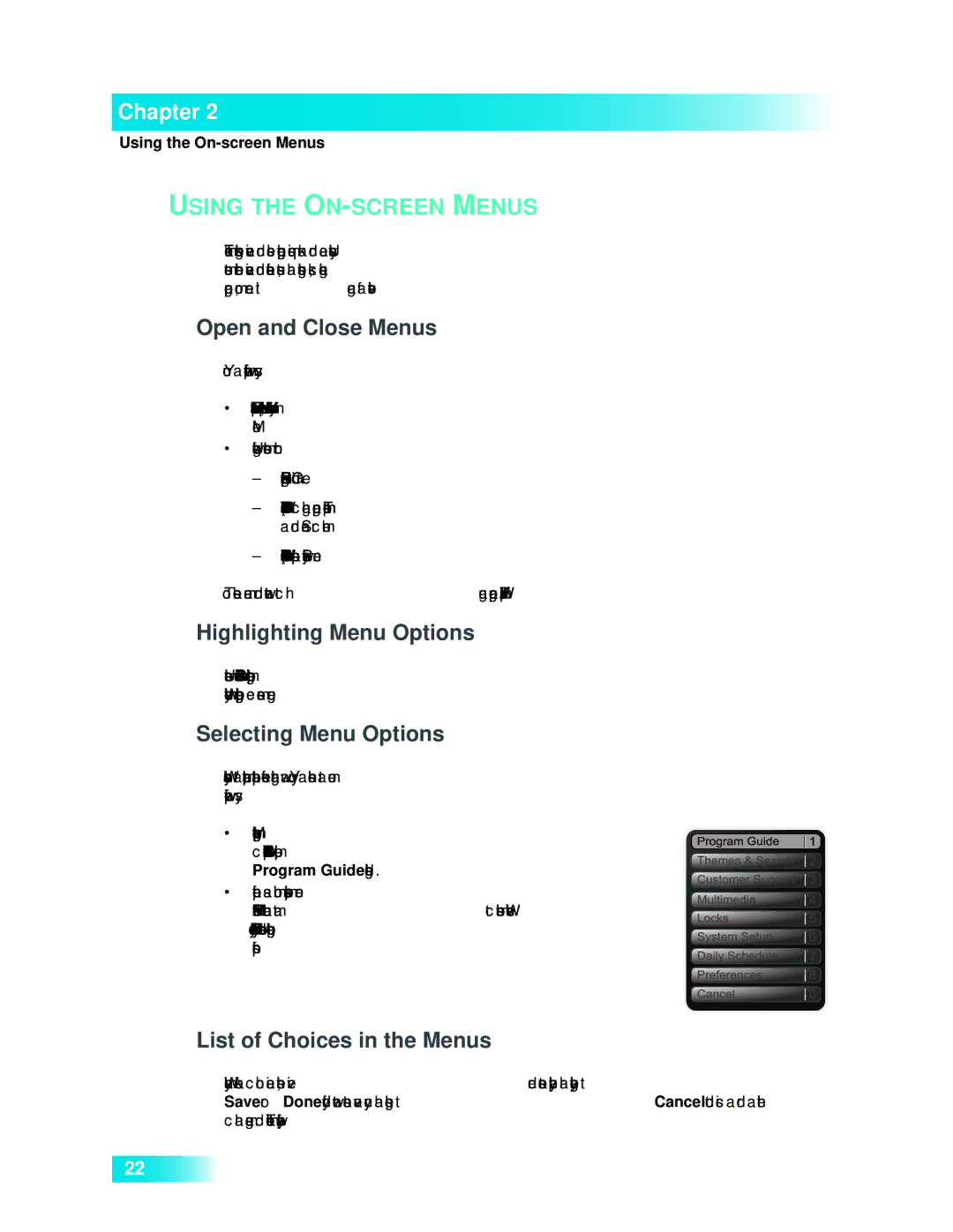 Dish Network 722k Open and Close Menus, Highlighting Menu Options, Selecting Menu Options, List of Choices in the Menus 