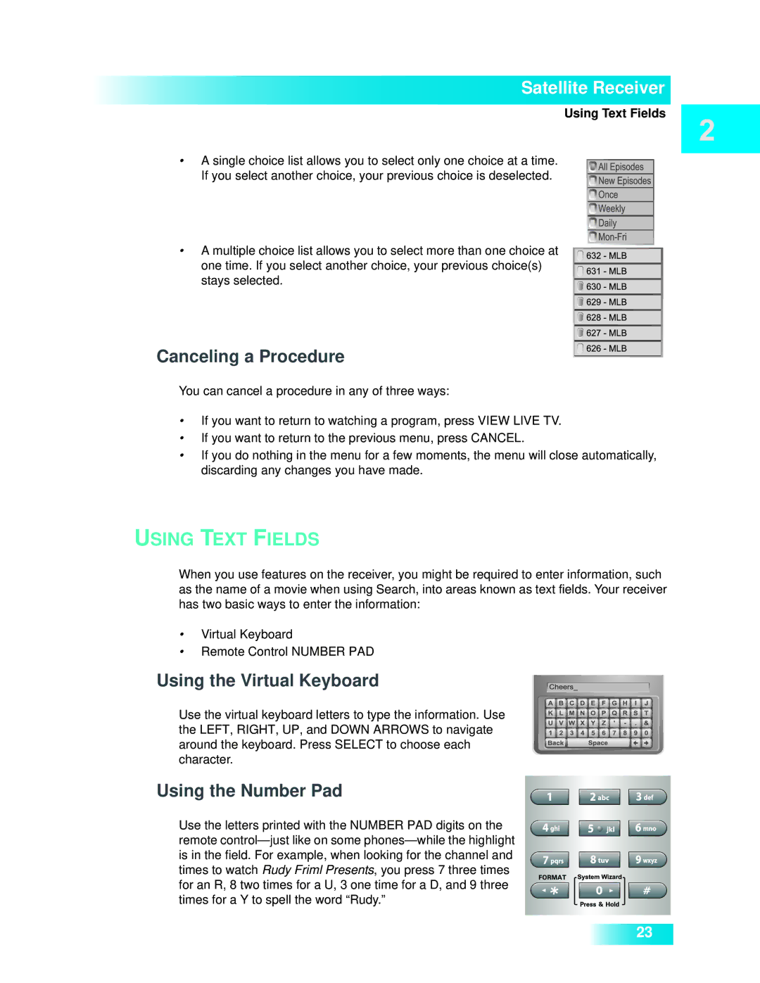 Dish Network 722k Canceling a Procedure, Using the Virtual Keyboard, Using the Number Pad, Using Text Fields 