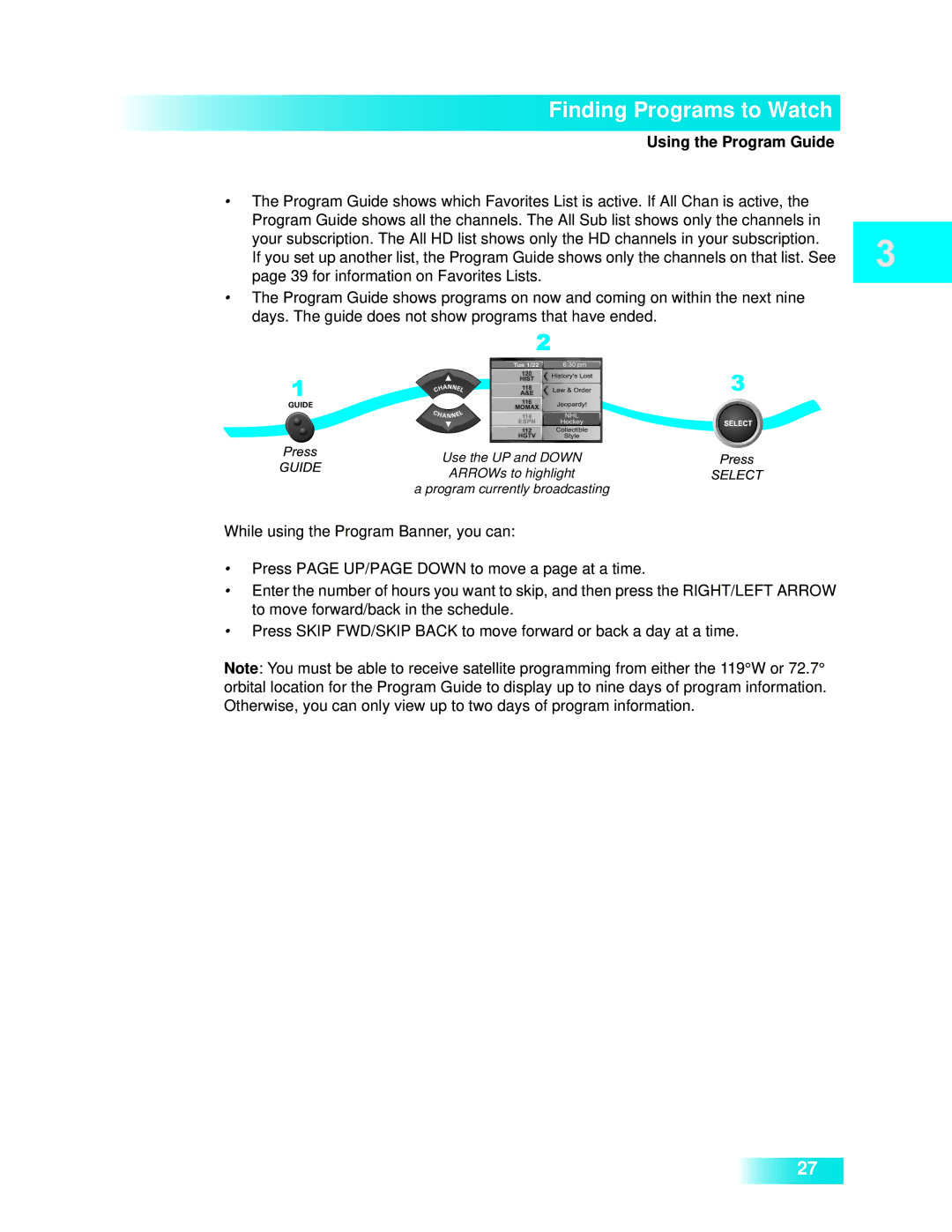 Dish Network 722k important safety instructions Finding Programs to Watch, Using the Program Guide 