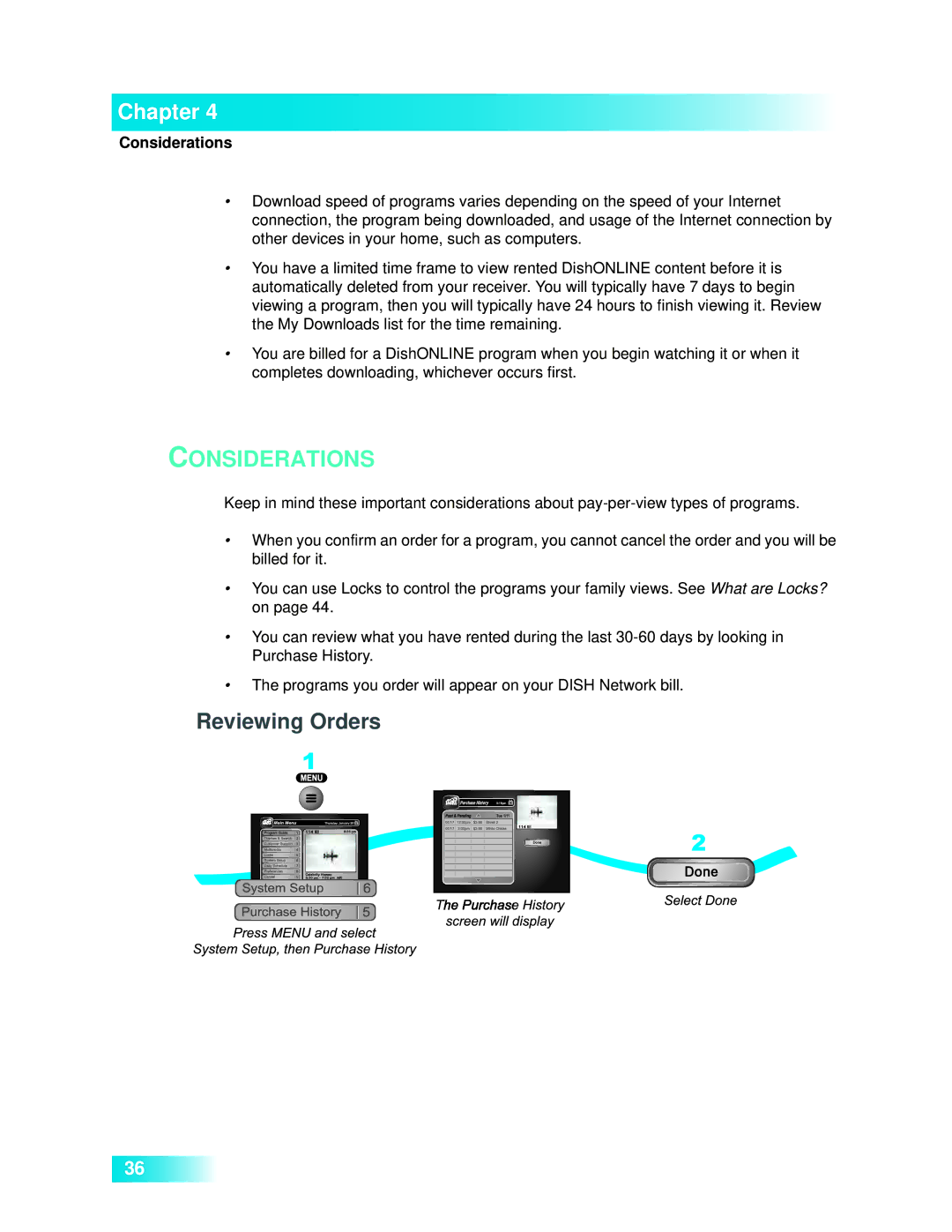 Dish Network 722k important safety instructions Considerations, Reviewing Orders 