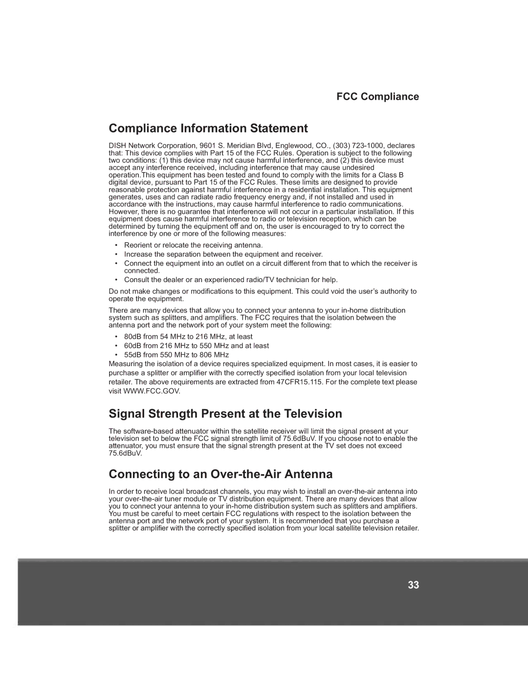 Dish Network 176779 manual Compliance Information Statement, Signal Strength Present at the Television, FCC Compliance 