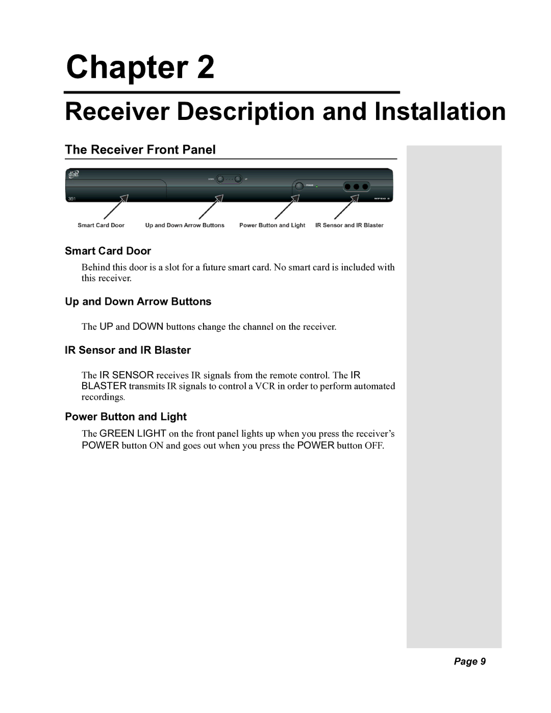 Dish Network DISH 351 manual Receiver Front Panel, Smart Card Door, Up and Down Arrow Buttons, IR Sensor and IR Blaster 