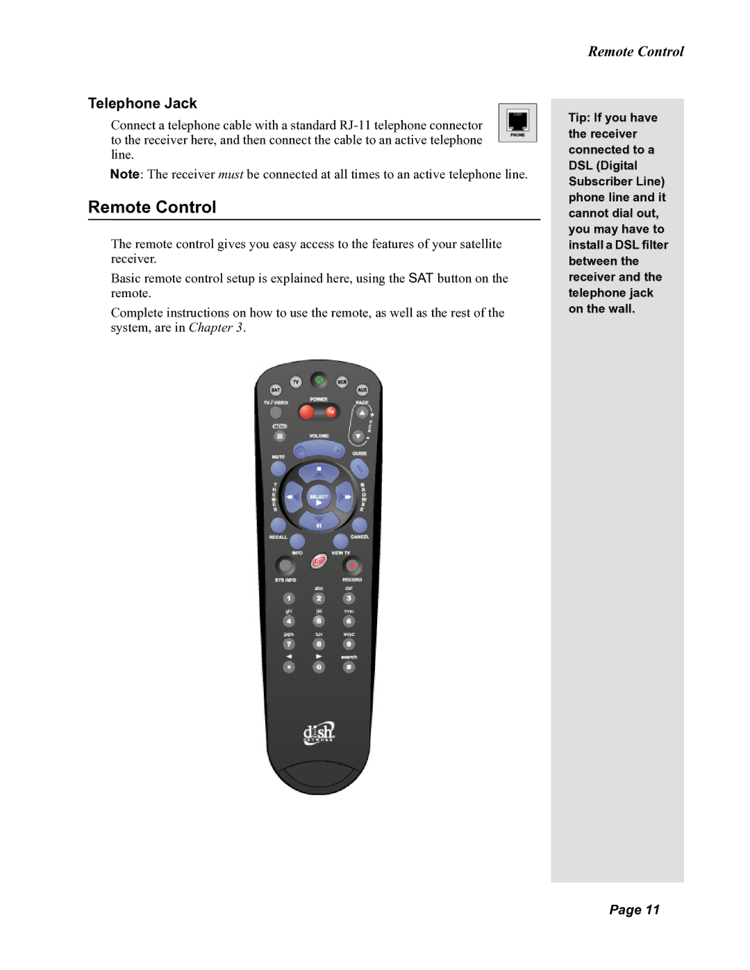 Dish Network DISH 351 manual Remote Control, Telephone Jack 