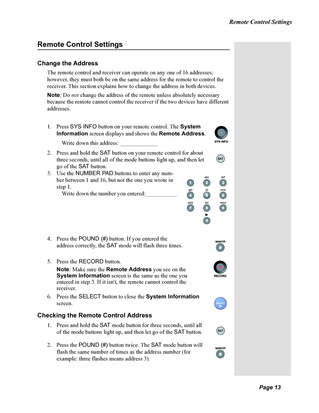 Dish Network DISH 351 manual Remote Control Settings, Change the Address, Checking the Remote Control Address 