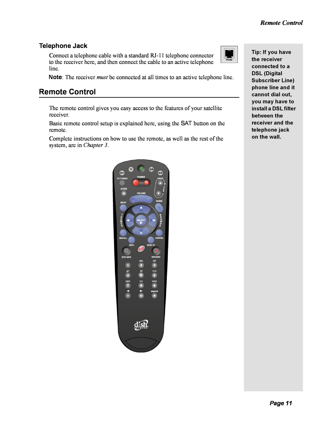 Dish Network DISH 351 manual Remote Control, Telephone Jack, Page 