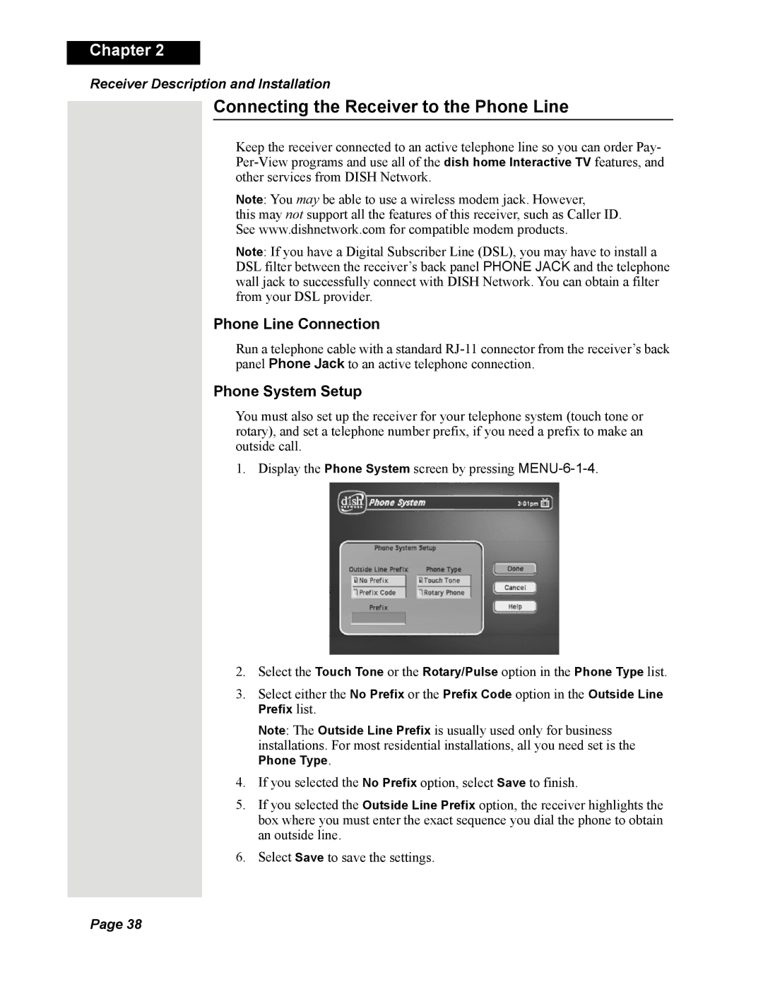 Dish Network DISH 625 manual Connecting the Receiver to the Phone Line, Phone Line Connection, Phone System Setup 