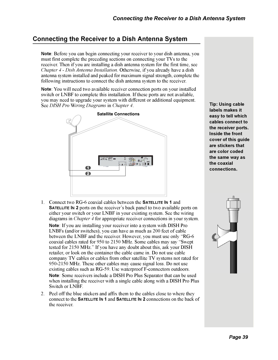 Dish Network DISH 625 manual Connecting the Receiver to a Dish Antenna System 