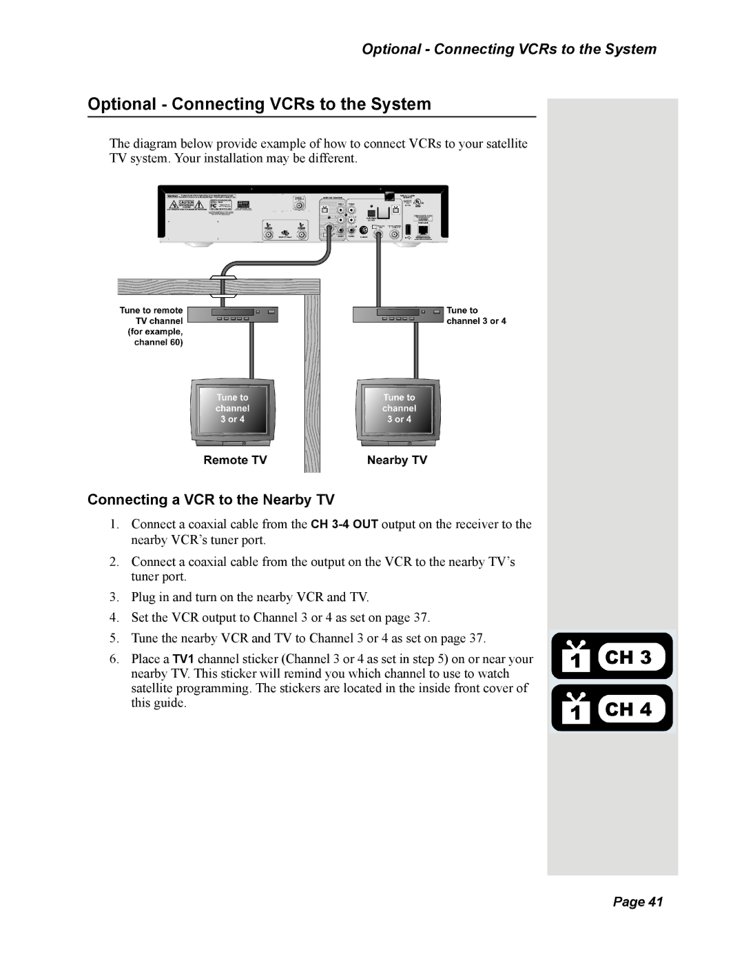 Dish Network DISH 625 manual Optional Connecting VCRs to the System, Connecting a VCR to the Nearby TV 