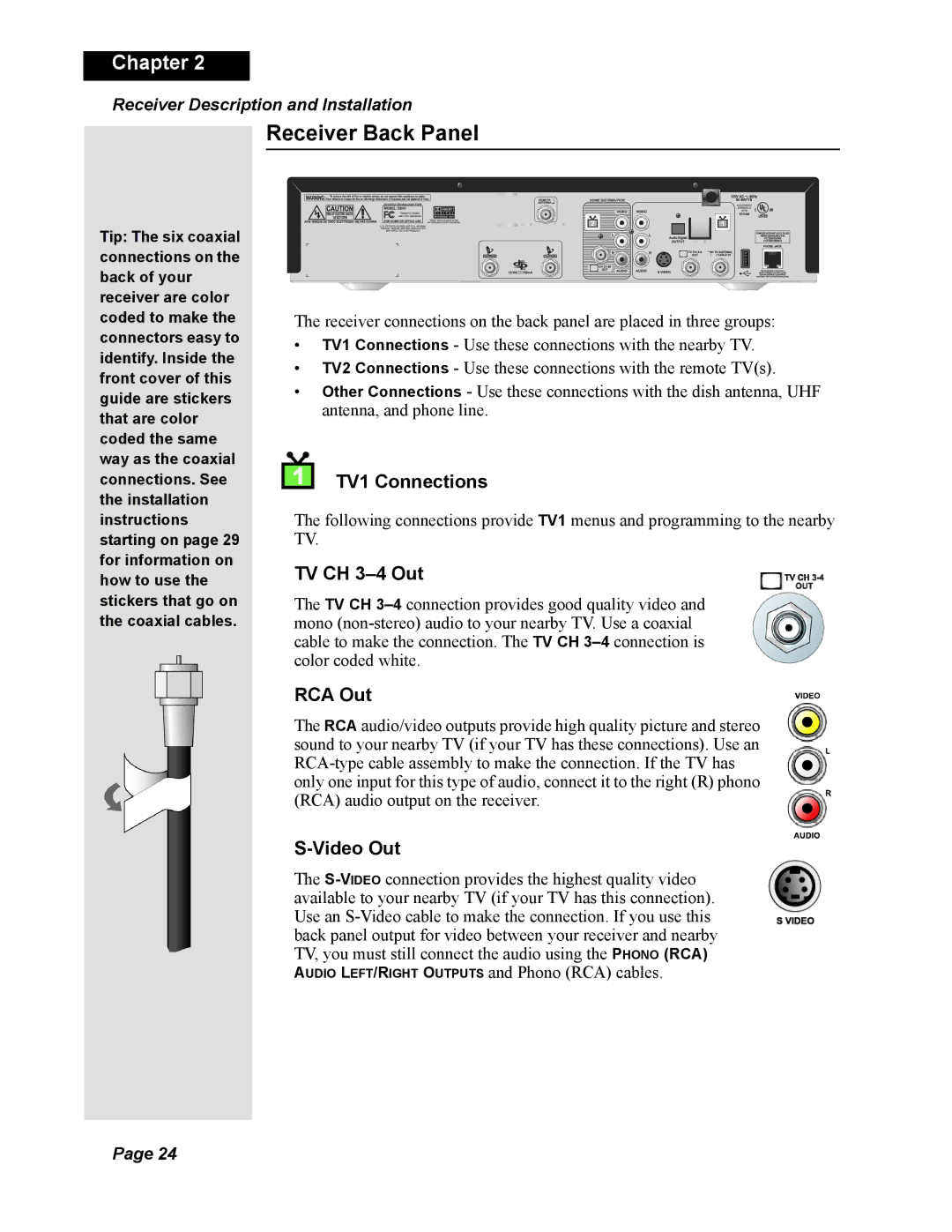 Dish Network DISH 625 manual Receiver Back Panel, TV1 Connections, TV CH 3-4 Out, RCA Out, Video Out 