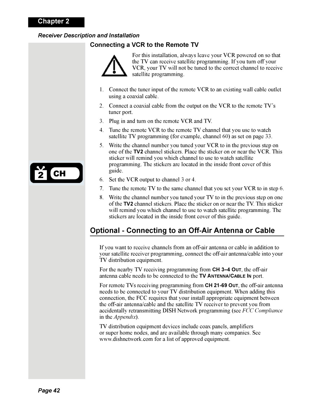 Dish Network DISH 625 manual Optional Connecting to an Off-Air Antenna or Cable, Connecting a VCR to the Remote TV 