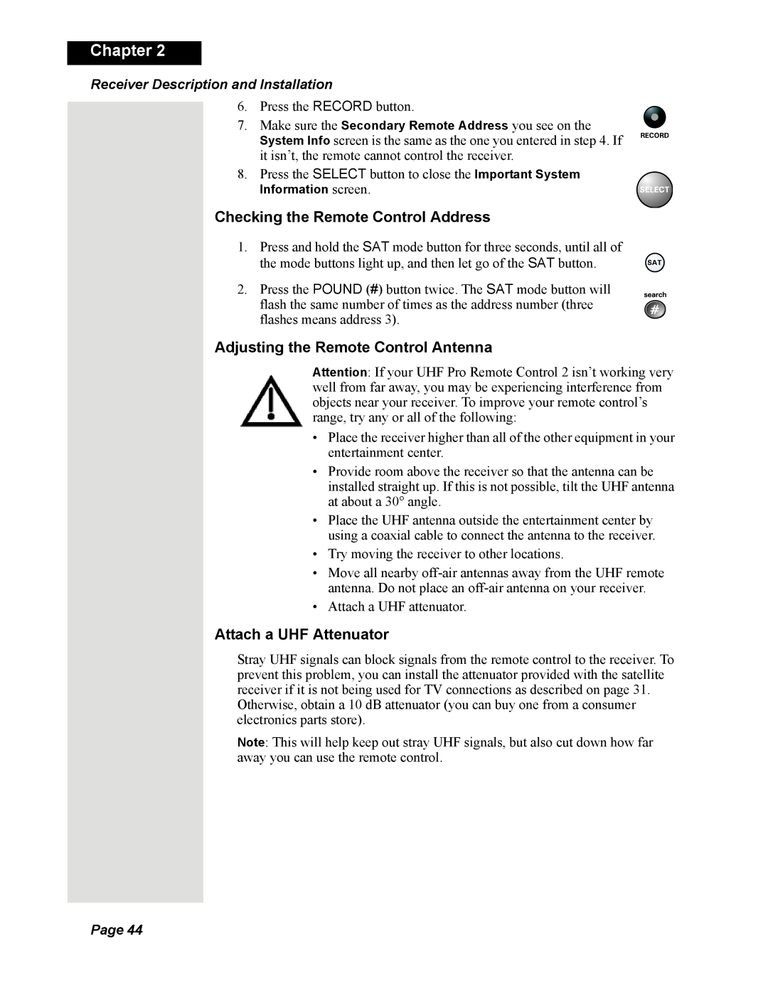 Dish Network DISH 625 Checking the Remote Control Address, Adjusting the Remote Control Antenna, Attach a UHF Attenuator 