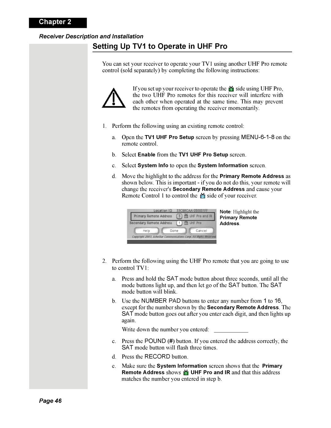 Dish Network DISH 625 manual Setting Up TV1 to Operate in UHF Pro 